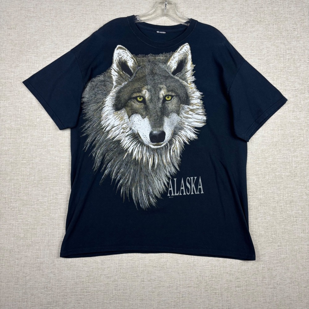 Vintage Alaska Wolf Graphic T-Shirt Mens XL Navy Blue Short Sleeve Crew Neck Tee